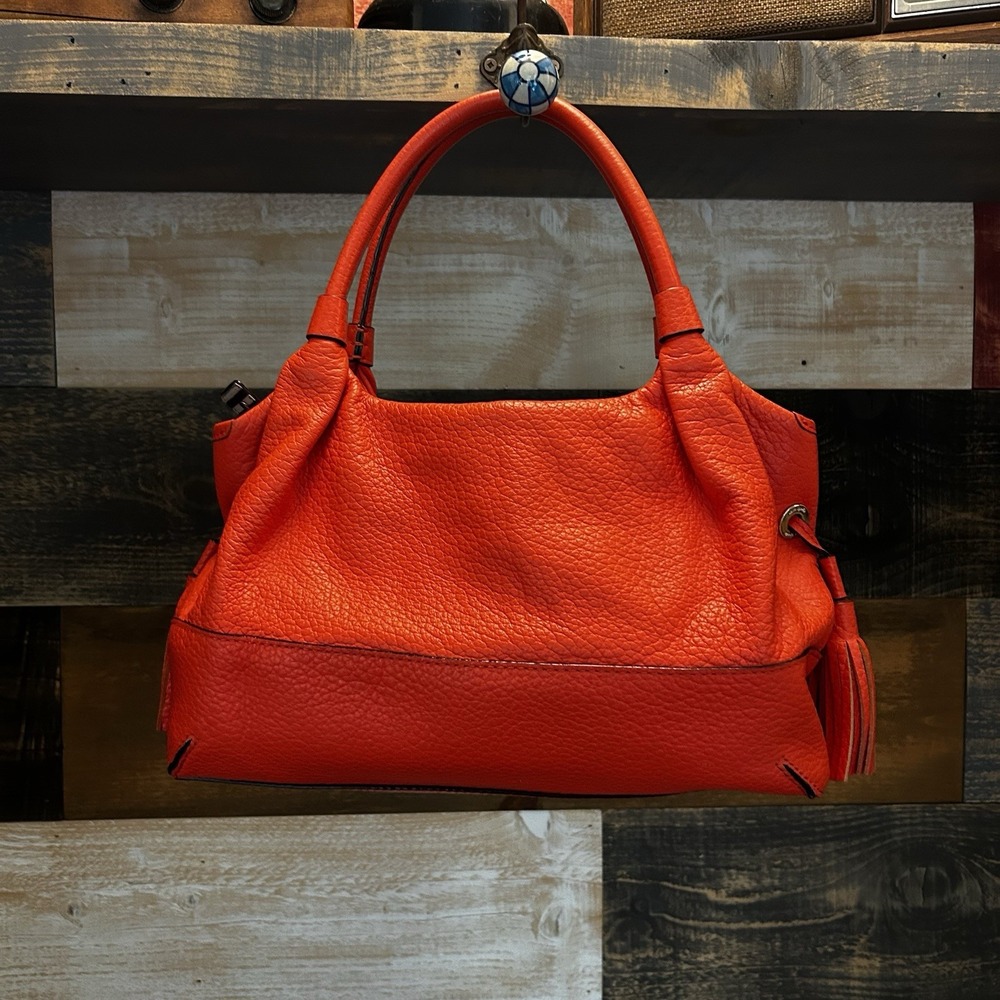 Kate Spade Leather Hobo Shoulder Bag Orange Pebbled Tassel Large Purse